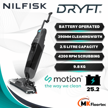 Nilfisk DRYFT Compact Floor Scrubber Dryer, a compact machine designed for efficient floor cleaning and drying.  