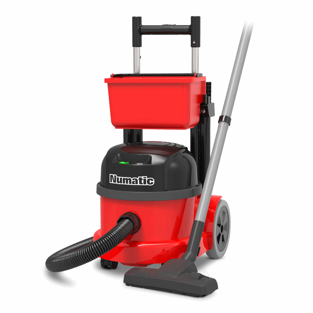 Numatic PBT230NX cordless vacuum cleaner with trolley, designed for commercial use, featuring battery power for efficient cleaning.