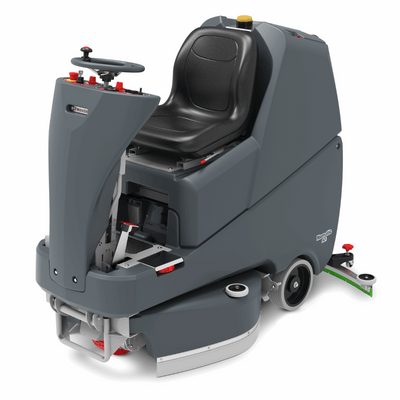 Numatic TVL850 ride-on scrubber dryer with three scrubbing widths and 120-litre capacity for efficient large area cleaning.