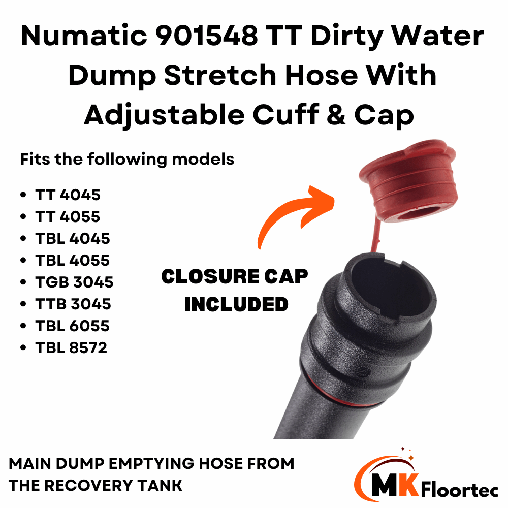 Numatic 901548 TT scrubber dryer dirty water dump hose featuring an adjustable cuff and cap closure, fits TT 4045 and 4055.  