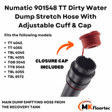 Numatic 901548 TT scrubber dryer dirty water dump hose featuring an adjustable cuff and cap closure, fits TT 4045 and 4055.  