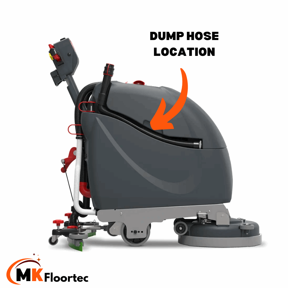 901548 Dirty water dump hose for Numatic TT scrubber dryer, with adjustable cuff and cap closure, fits TT 4045 and 4055.
