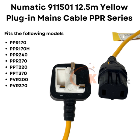 Numatic 911501 12.5m Yellow Plug-in Mains Cable PPR Series