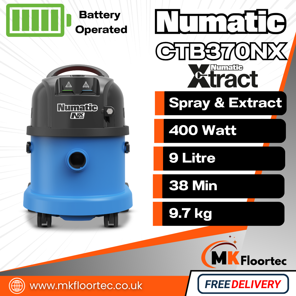 Numatic CTB370NX Commercial Cordless Carpet Extraction & Hard Floor Vacuum Cleaner