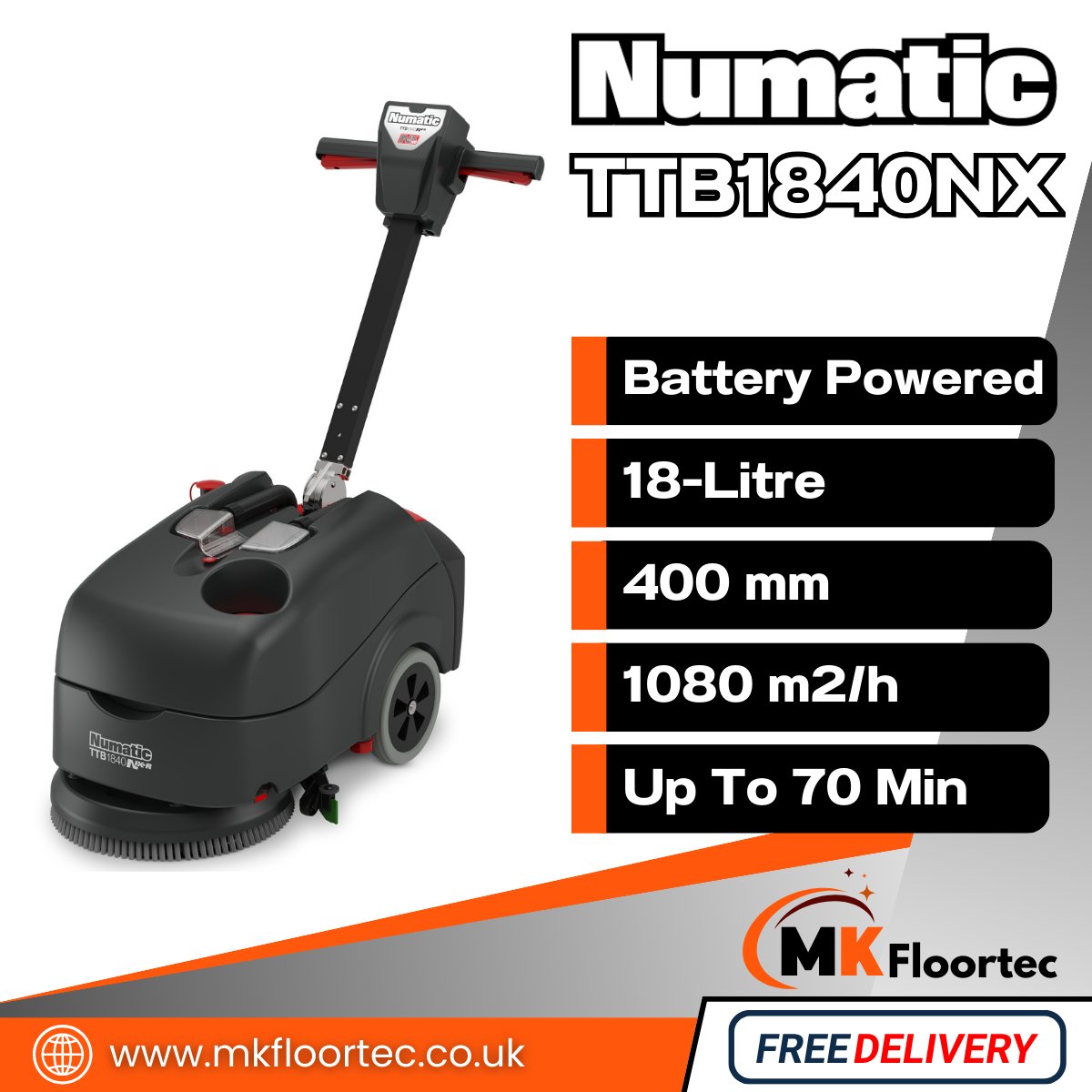 Numatic TTB1840NX-R Floor Scrubber Dryer - Battery Powered