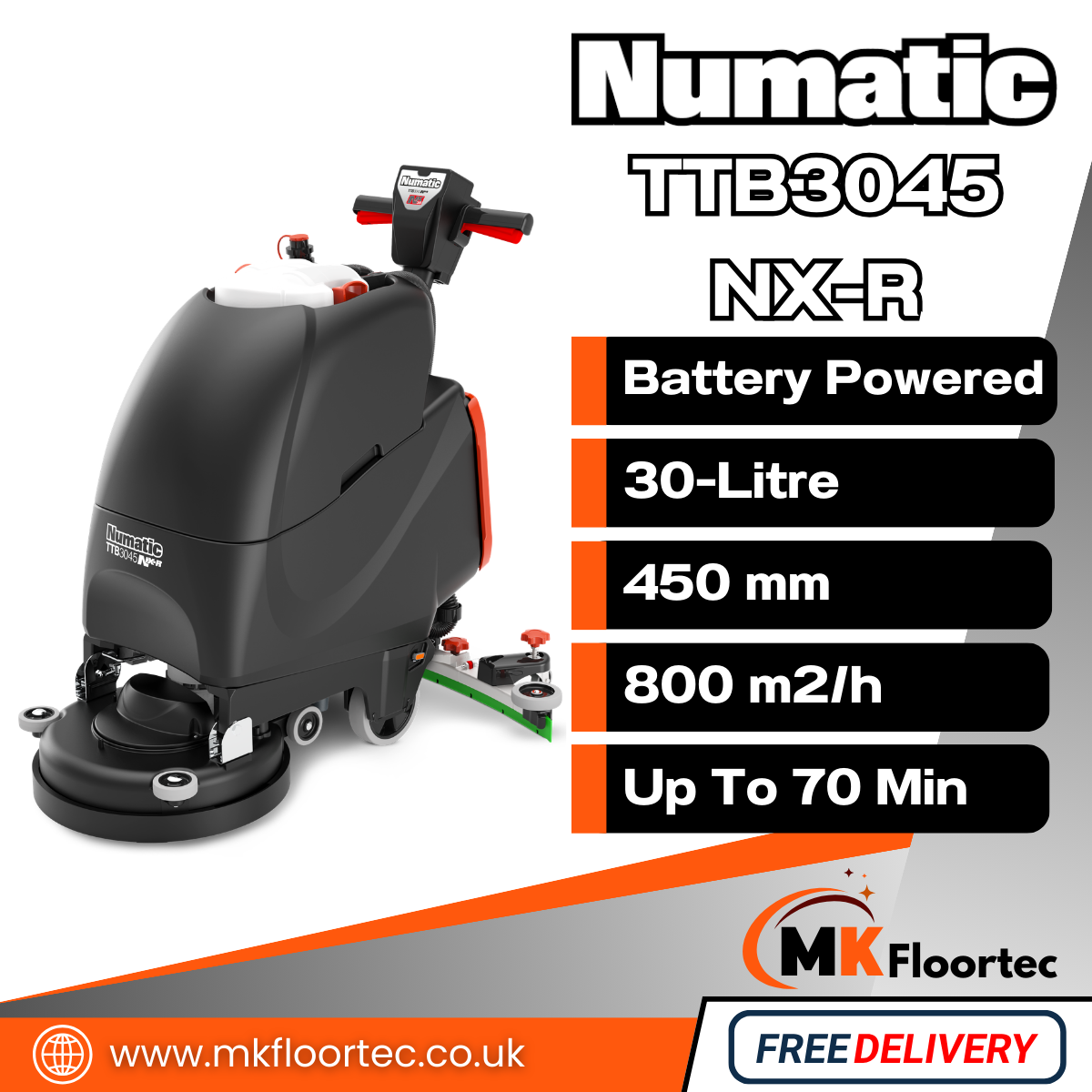 Numatic TTB3045NX-R Floor Scrubber Dryer - Battery Powered
