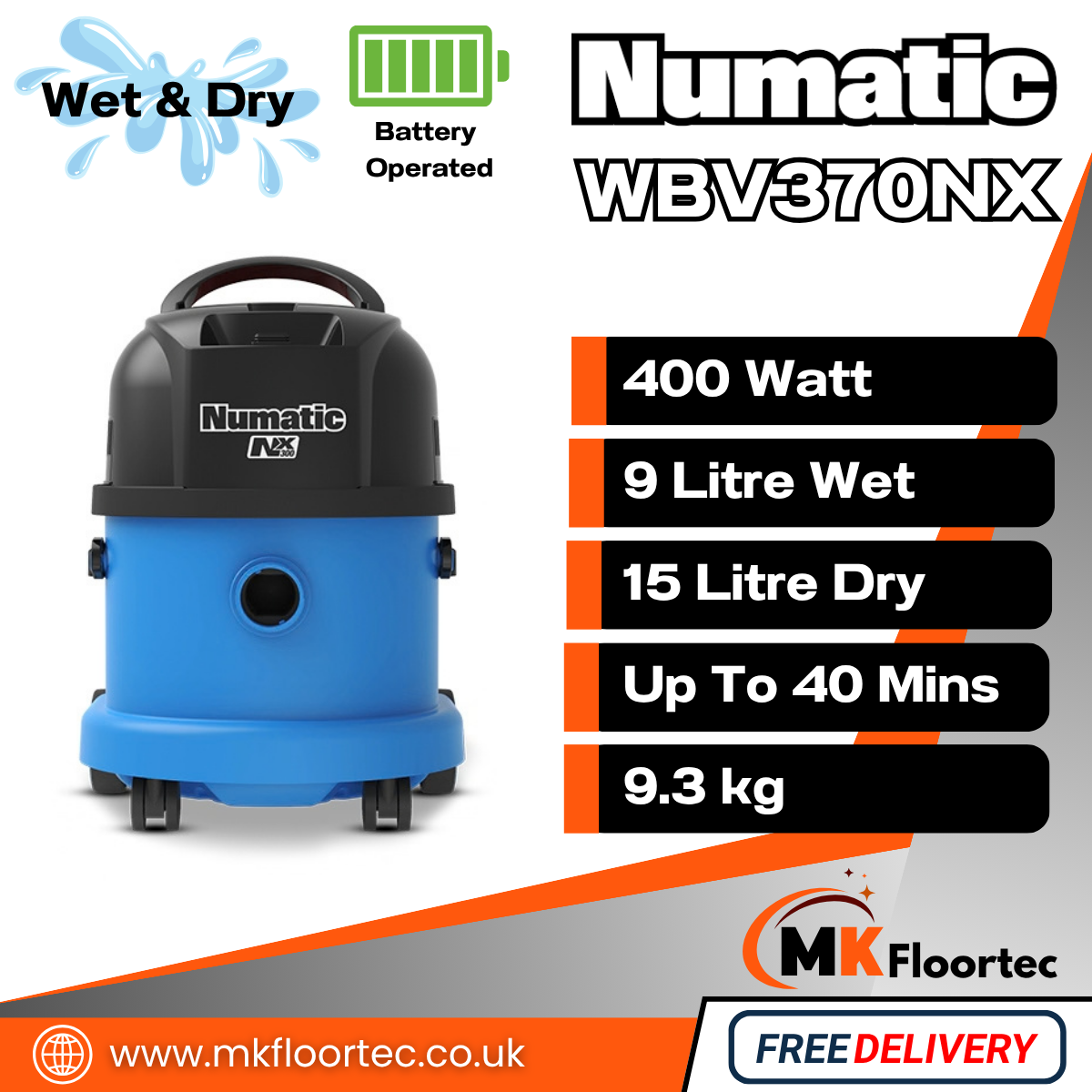 Numatic WBV370NX Cordless Wet or Dry Vacuum Cleaner