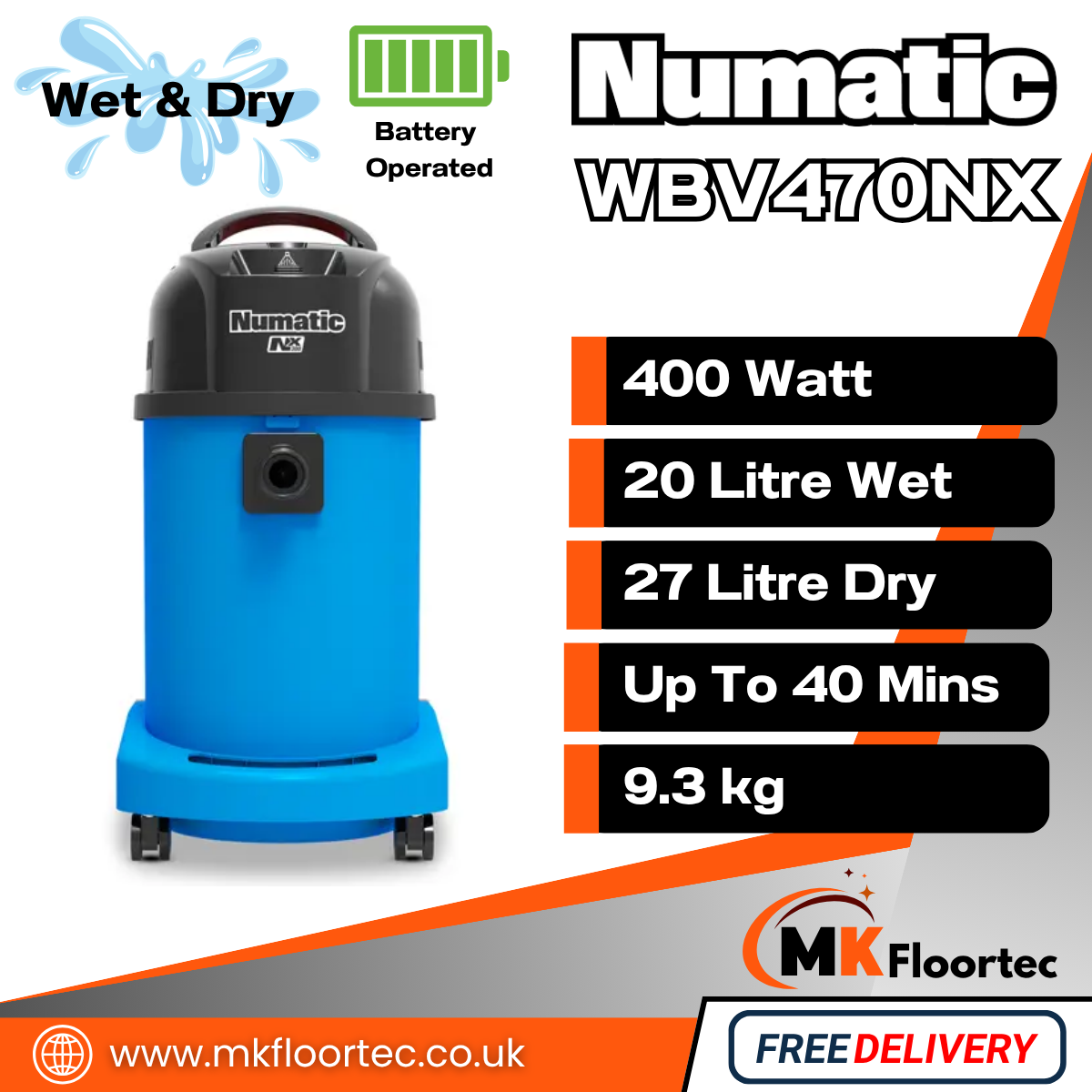 Numatic WBV470NX Cordless Wet or Dry Vacuum Cleaner