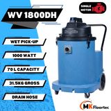 Numatic WV1800DH features a 70L capacity, powerful 1000W motor, and a hose for efficient liquid waste disposal.