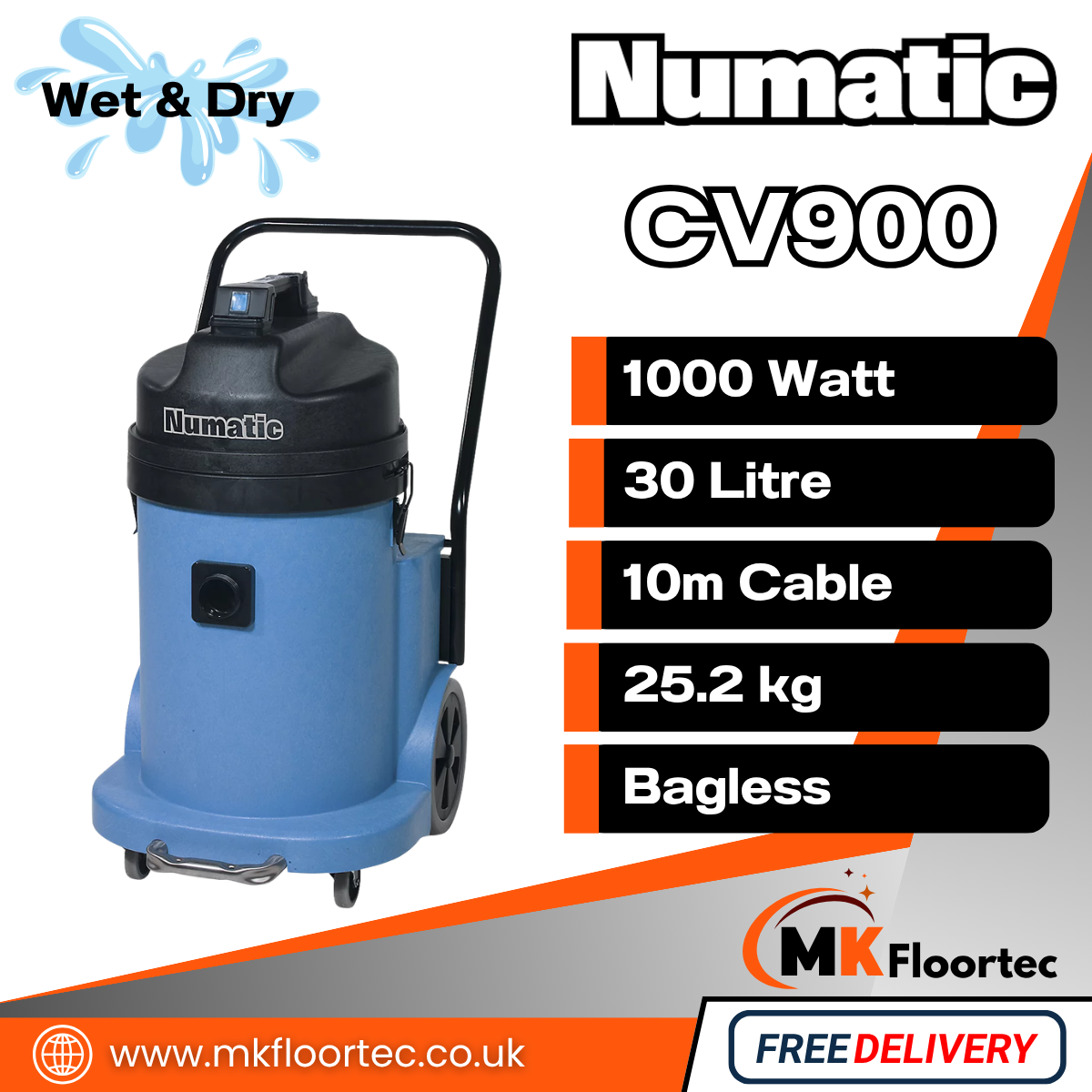 Numatic CV900 CombiVac Industrial Wet & Dry Vacuum Cleaner (Single Motor)