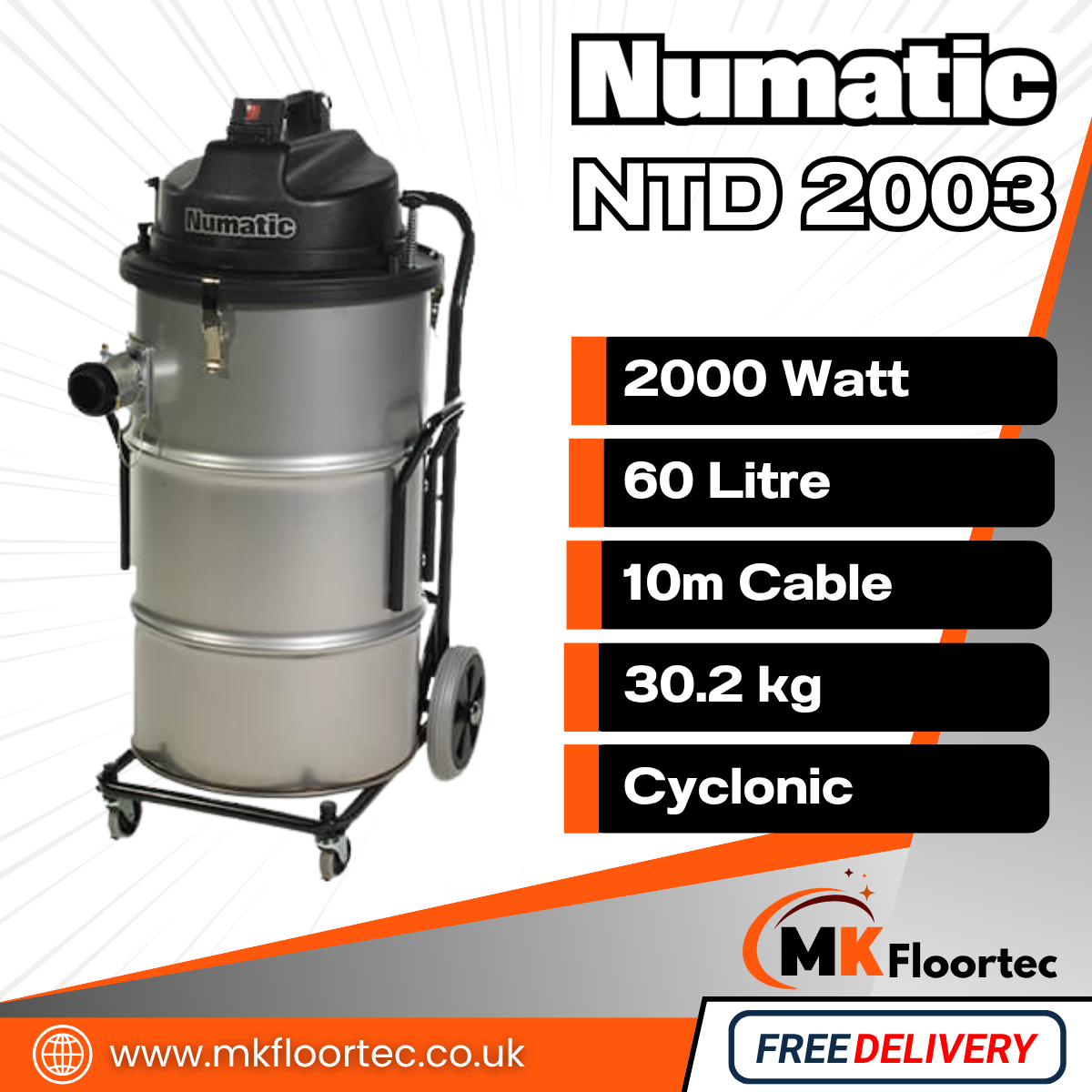Numatic NTD2003 Industrial Dry Vacuum – Dual Motor 60L Heavy Duty Rubble Vac