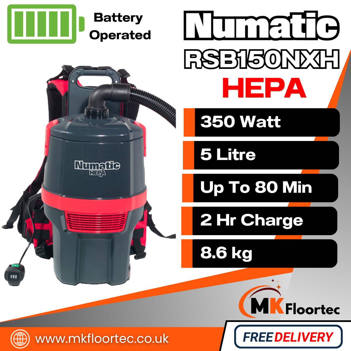 Numatic RSB150NXH HEPA Cordless Backpack Vacuum Cleaner