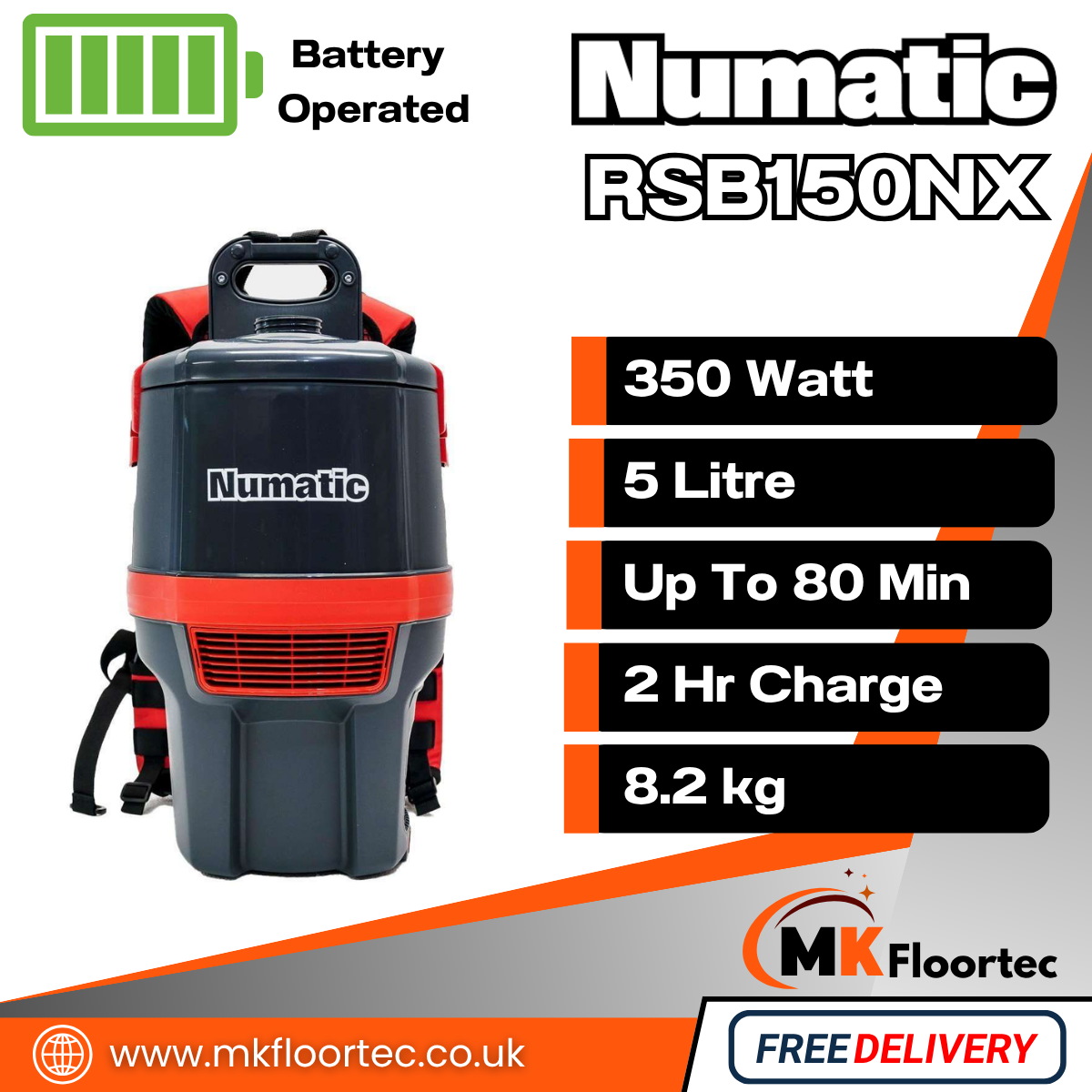 Numatic RSB150NX Cordless Back Pack Vacuum Cleaner