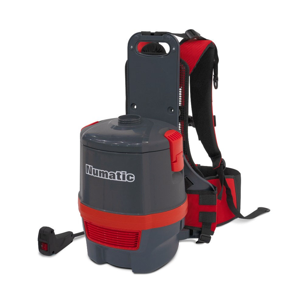 Numatic RSV150 backpack vacuum cleaner: 5L capacity, 15m cable, 7.4kg, designed for efficient cleaning in tight areas.