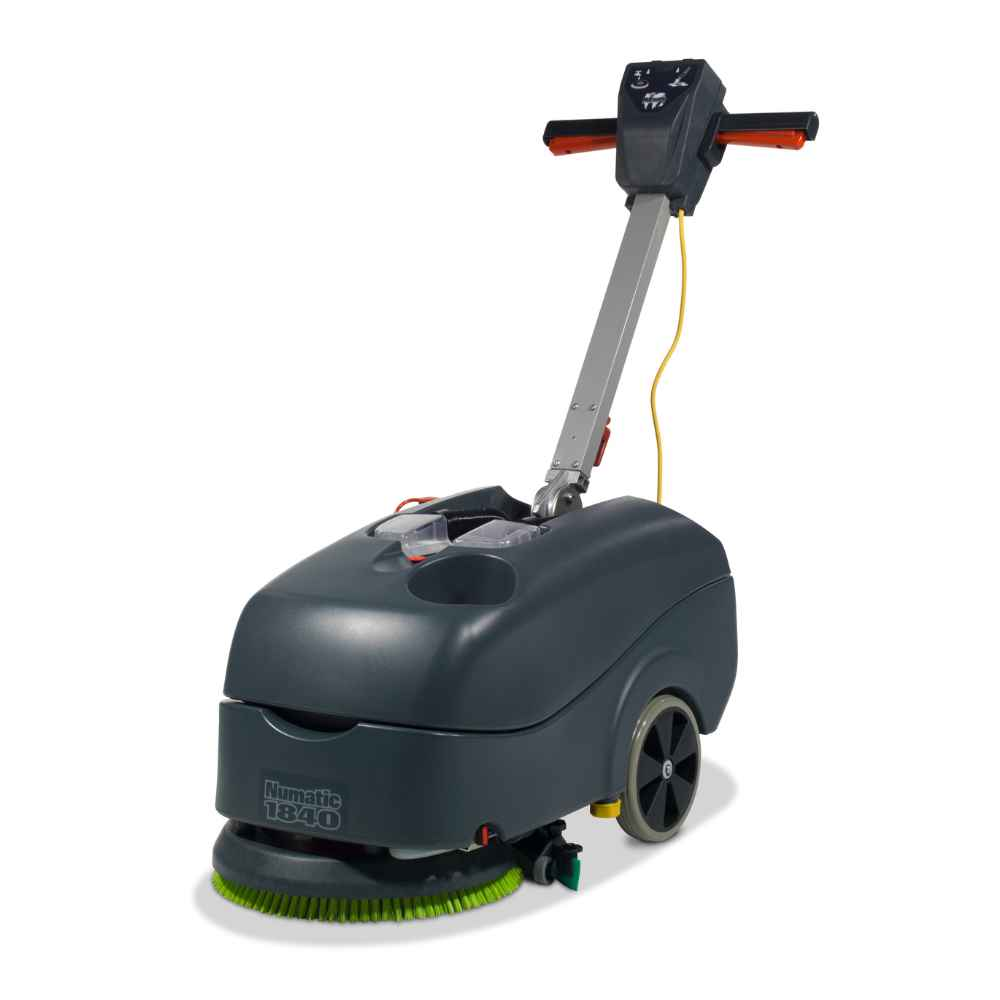 The Numatic TT1840G is a powerful scrubber dryer with an 18L capacity, 400mm scrub width, and 20m cable for compact cleaning.