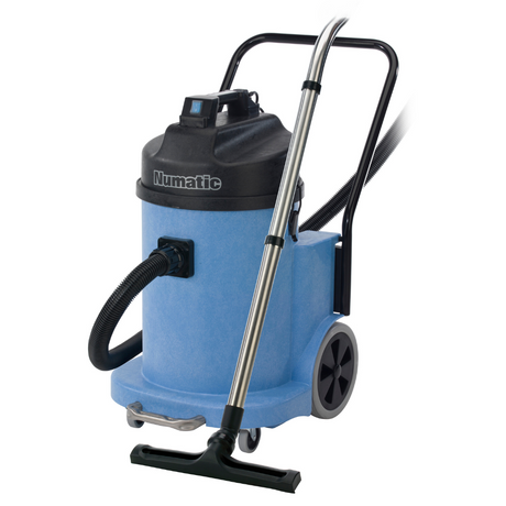 The Numatic WV900 is a powerful 1000W wet and dry vacuum with 32L wet and 40L dry capacity, featuring large wheels and a trolley handle.