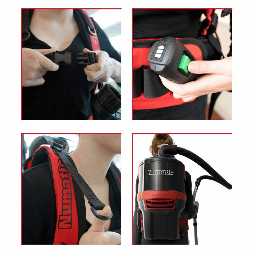  Numatic RSB 150NX-H backpack vacuum features an ergonomic design, adjustable harness, and breathable mesh for user comfort. 