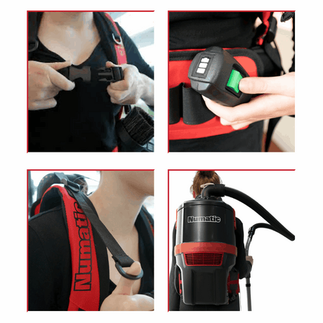  Numatic RSB 150NX-H backpack vacuum features an ergonomic design, adjustable harness, and breathable mesh for user comfort. 