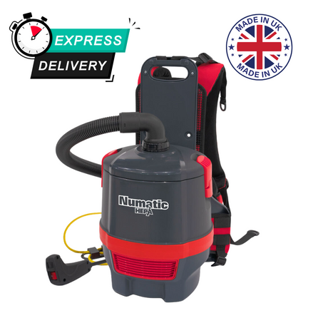 Numatic RSV150H backpack vacuum with HEPA 13 filtration captures 99.97% of particles, ideal for cleanroom and medical use.