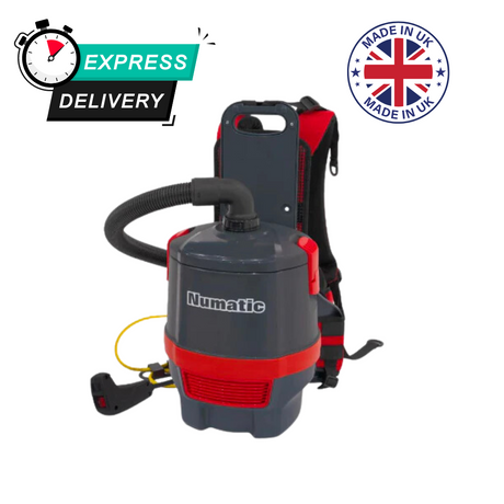 Numatic RSV150 backpack vacuum features ergonomic design, adjustable harness, breathable mesh, and easy controls for versatile cleaning.