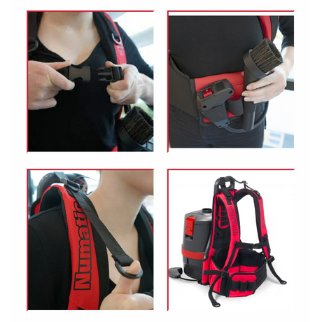 The Numatic RSV150 backpack vacuum offers ergonomic design, adjustable harness, and intuitive controls for effective high-level cleaning.
