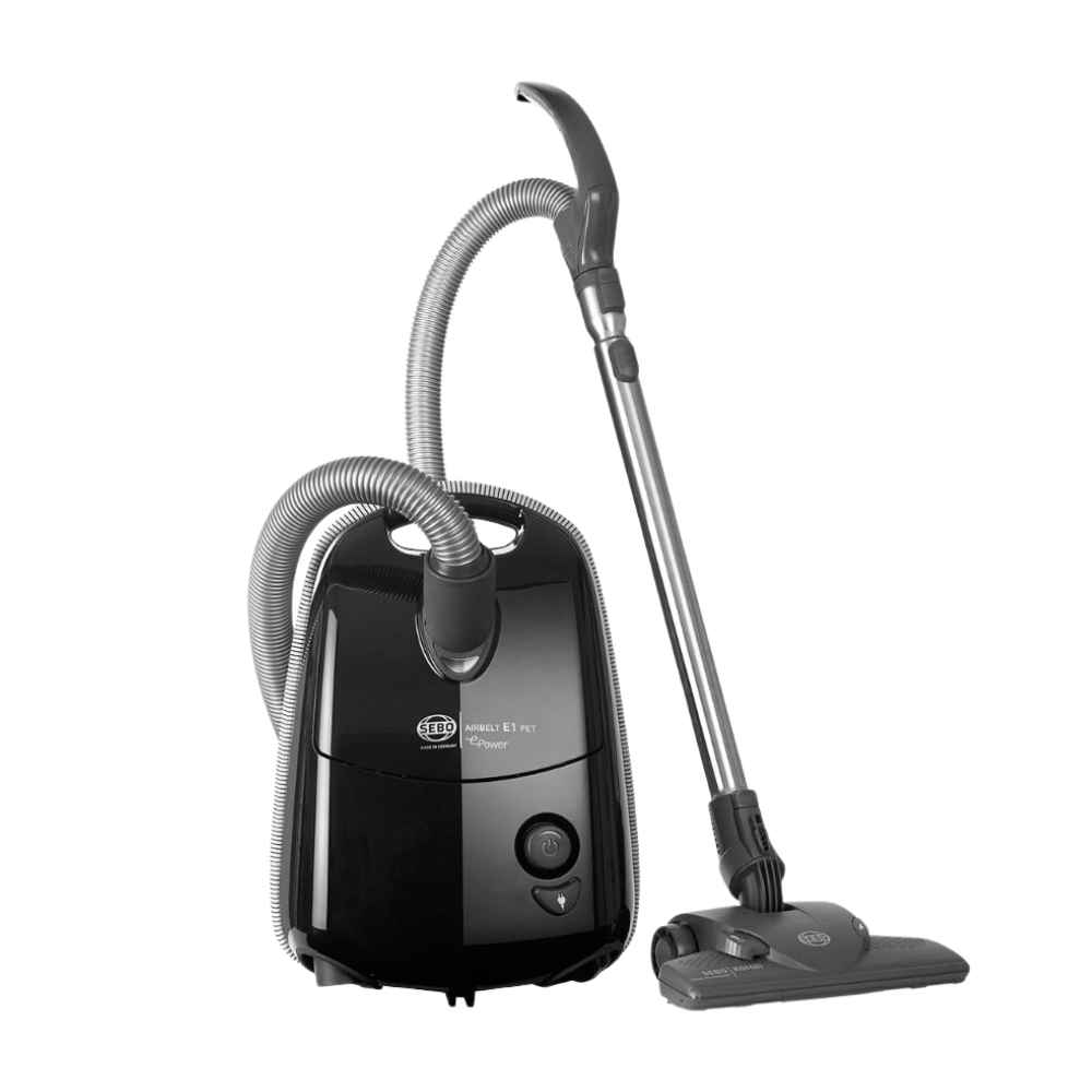 Sebo Airbelt E1 Pet +BOOST vacuum cleaner, featuring tools for carpets and upholstery, perfect for homes with pets and hair removal. 