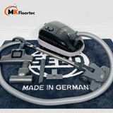 Sebo Airbelt E1 Pet vacuum with Kombi Floor Tool, Turbo Brush Pro, and Stair & Upholstery Brush for versatile cleaning.