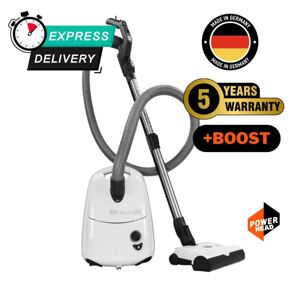 Sebo E3 Premium 2.0 +BOOST Cylinder Vacuum Cleaner, made in Germany, includes a 5-year warranty for long-lasting use. 
