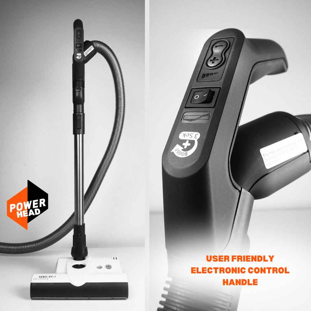 Sebo E3 Premium 2.0 vacuum cleaner features a motorised power head and convenient handle controls for easy operation. 