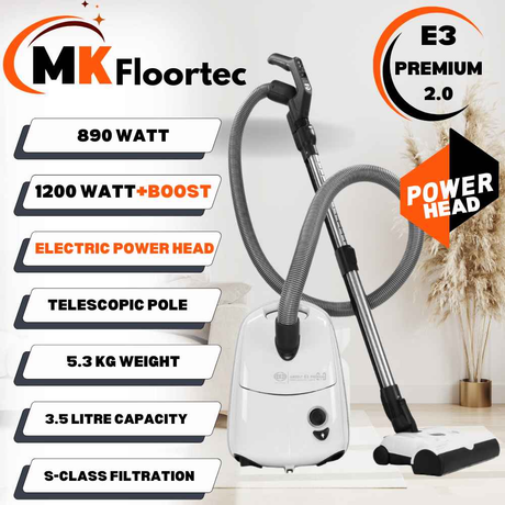 The Sebo E3 Premium 2.0 vacuum features an Electric Power Brush, 3.5L dust bag, adjustable power, and +BOOST for powerful cleaning.
