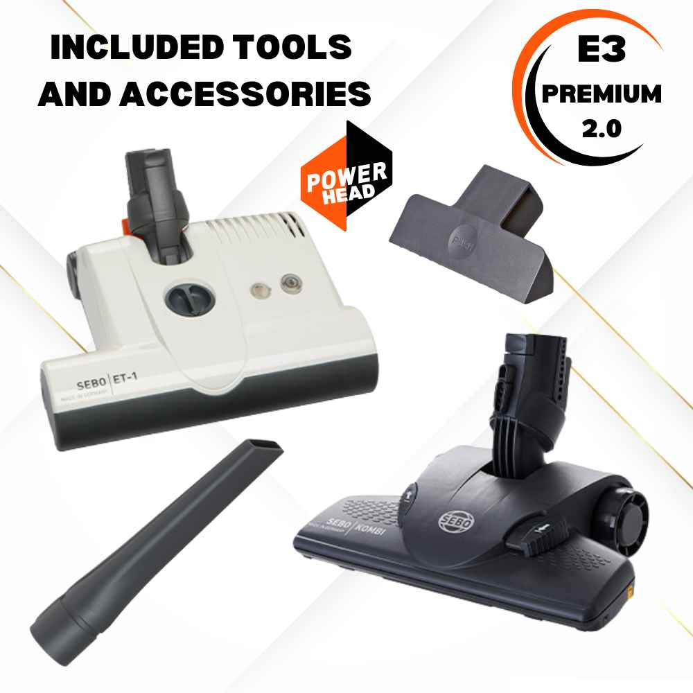 The Sebo E3 Premium 2.0 vacuum includes a motorised power head, Kombi floor head, and nozzles for crevices and upholstery. 
