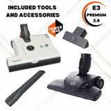The Sebo E3 Premium 2.0 vacuum includes a motorised power head, Kombi floor head, and nozzles for crevices and upholstery. 