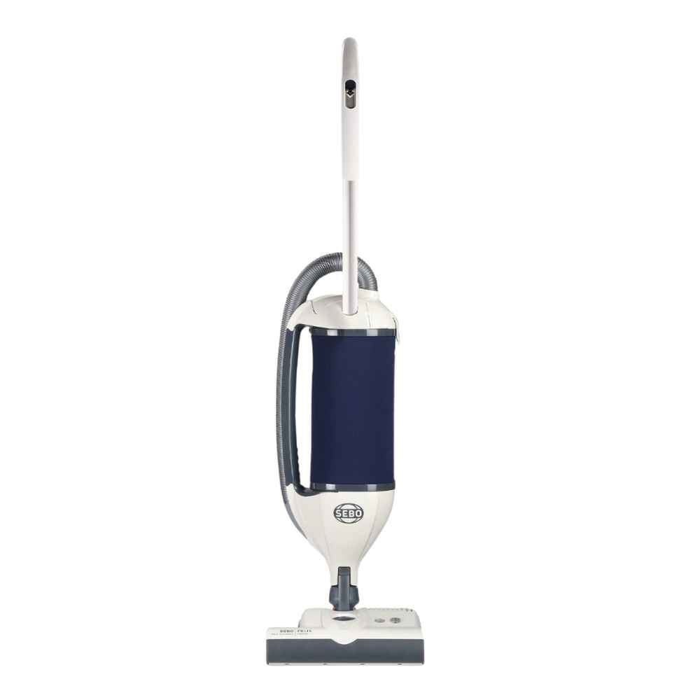 SEBO FELIX Navy vacuum cleaner features a White finish, swivel neck, and low-profile powerhead for versatile cleaning and comfort.