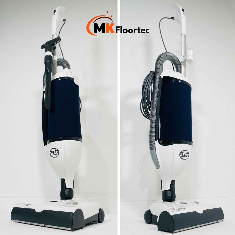 SEBO Felix Navy upright vacuum cleaner in white and navy, featuring dual motors for powerful home cleaning performance. 