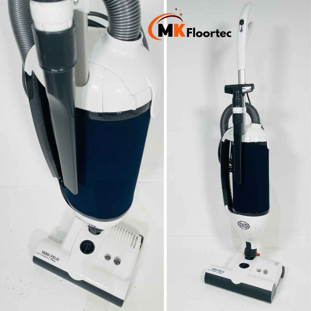 SEBO Felix Navy upright vacuum cleaner in white and navy, ideal for home use with crevice and upholstery nozzles included.