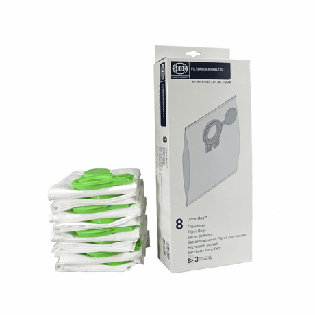 Pack of 8 genuine Sebo Airbelt D Ultra vacuum cleaner dust bags, model 8120ER, designed for optimal performance and convenience.  