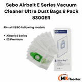 Sebo Airbelt E series Ultra vacuum cleaner dust bags 8300ER, 8-pack, fits all Airbelt E series and E3 Premium models.