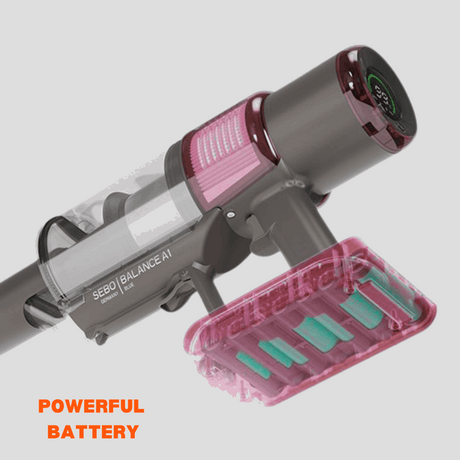 SEBO BALANCE A1 MAGENTA cordless vacuum cleaner equipped with a powerful, removable battery for convenient use.  