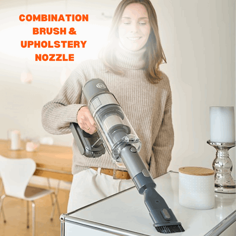 SEBO BALANCE A1 MAGENTA cordless vacuum with dusting brush and upholstery nozzle, ideal for versatile cleaning tasks.  
