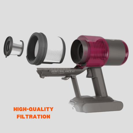 SEBO BALANCE A1 MAGENTA cordless vacuum cleaner featuring high-quality filtration for superior cleaning performance.  