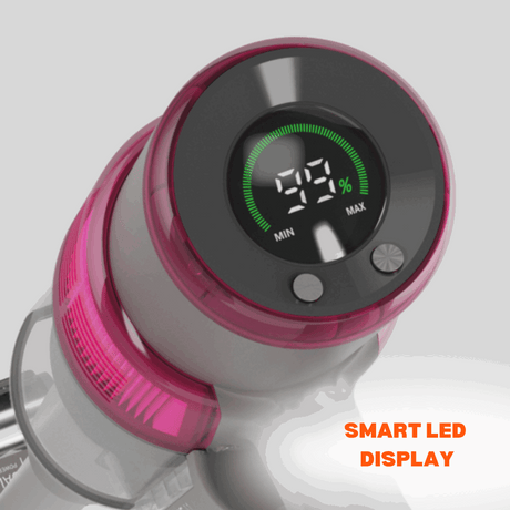SEBO BALANCE A1 MAGENTA cordless vacuum cleaner featuring a Smart LED display for efficient cleaning.  