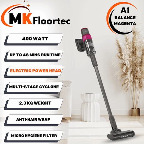 SEBO BALANCE A1 Magenta cordless stick vacuum, lightweight and ergonomic, ideal for all surfaces with a stylish design. 