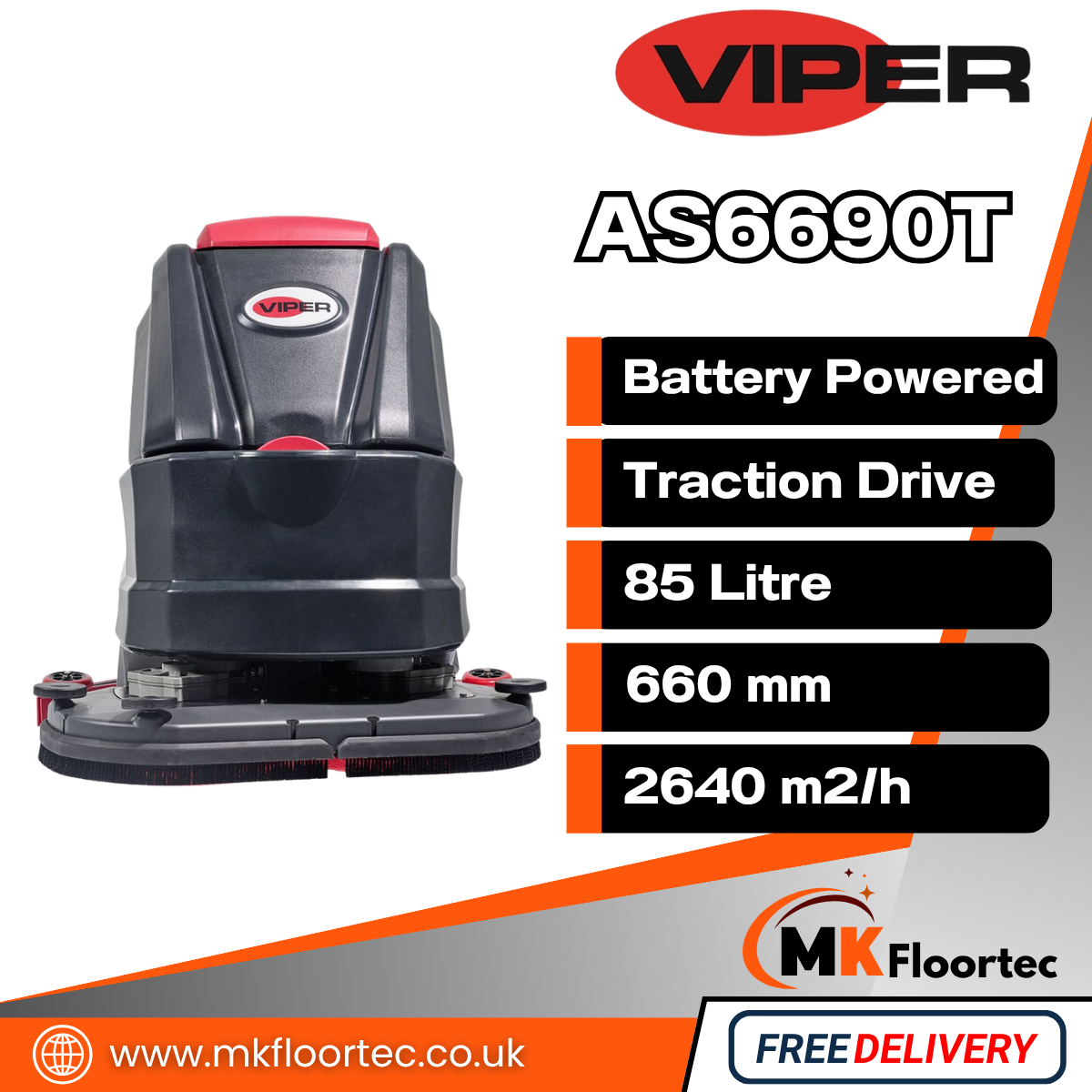Viper AS6690T Scrubber Dryer With Traction 26-Inch - Battery Powered