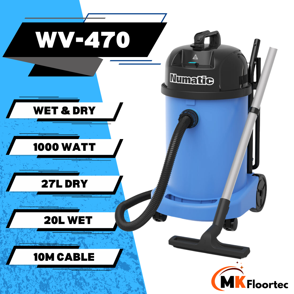 Numatic WV470 vacuum: lightweight, powerful 1000W motor, 27L dry and 20L wet capacity, ideal for versatile cleaning tasks.