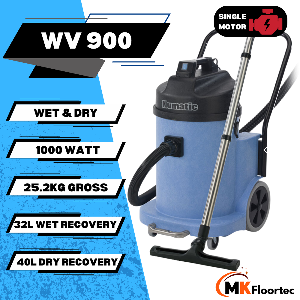 Numatic WV900 industrial vacuum cleaner combines wet and dry capabilities with a 1000W motor, 32L wet, and 40L dry capacity.