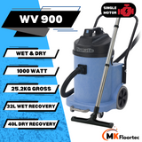 Numatic WV900 industrial vacuum cleaner combines wet and dry capabilities with a 1000W motor, 32L wet, and 40L dry capacity.