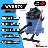 Industrial-grade Numatic WVD570 vacuum with dual 1000W motors, 15L wet and 23L dry capacity for versatile cleanup tasks. 