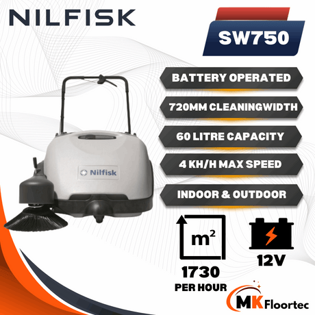 Nilfisk SW750 walk-behind industrial floor sweeper specification 