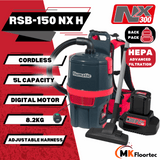 Cordless Numatic RSB 150NX-H backpack vacuum with HEPA 13 filter, 5L capacity, 8.6 kg weight, and quick-charge battery. Specification