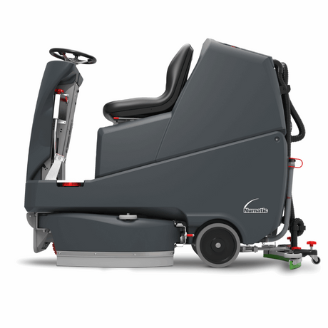 Numatic TRL720 ride-on scrubber dryer offers efficient one-pass cleaning, ideal for expansive commercial and industrial areas.